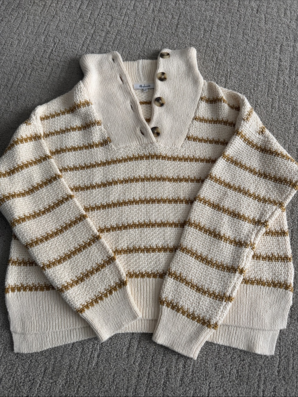 Madewell Stripe Cream & Gold Button-Accent Women's Sweater